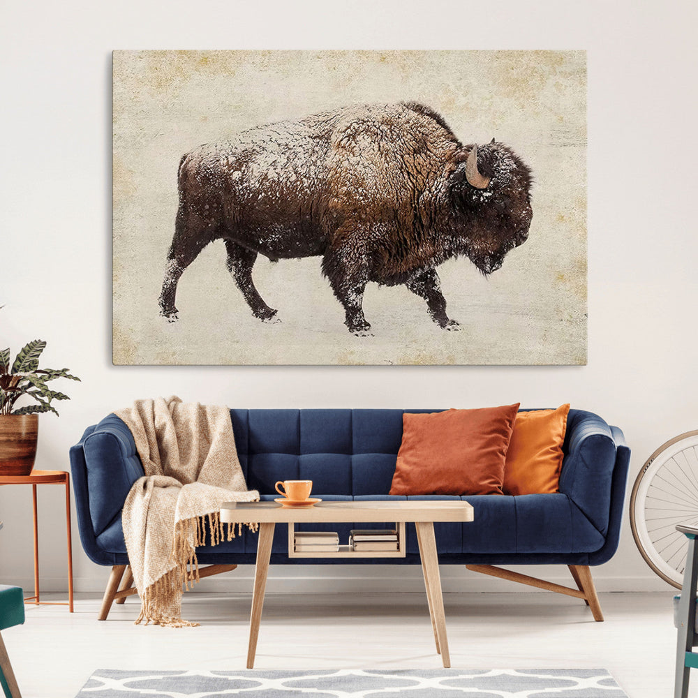 Snow-dusted bison silhouette textured vintage style rugged