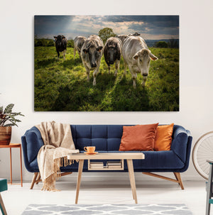 Grazing Cattle Herd Wall Art, Green Pasture Livestock Canvas
