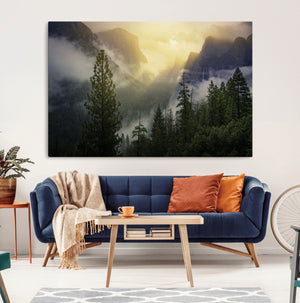 Misty Mountain Valley Wall Art Canvas Print, Golden Sunrise