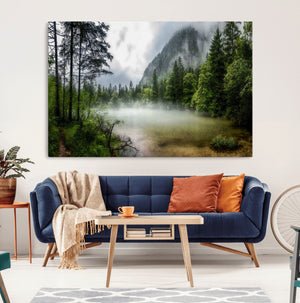 Misty Lake Forest Wall Art – Green Trees Calm Water