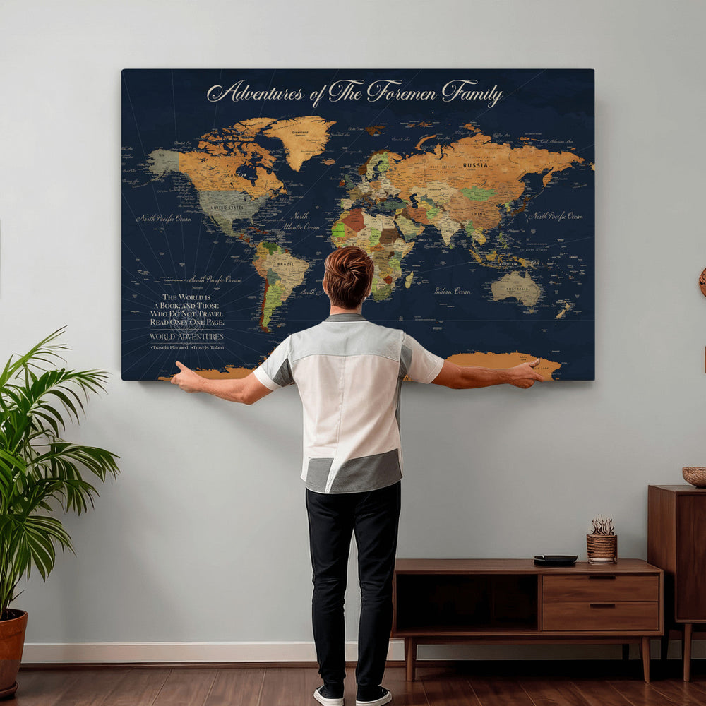 Custom Push Pin World Map Wall Art Canvas Print – Personalized Travel Tracker with Pins Framed Large for Home and Office Decor