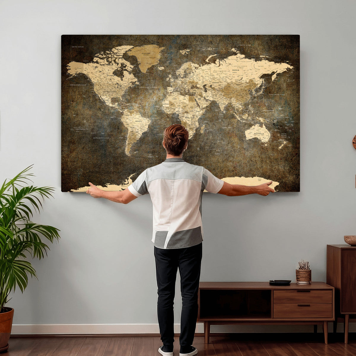 Large Framed Vintage World Map Wall Art Print for Home Wall