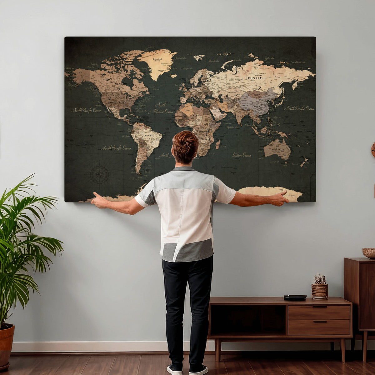 Vintage World Map Canvas Wall Art – Framed Travel Map for