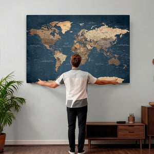 Navy Blue World Map Canvas Print – Framed Travel Map Wall