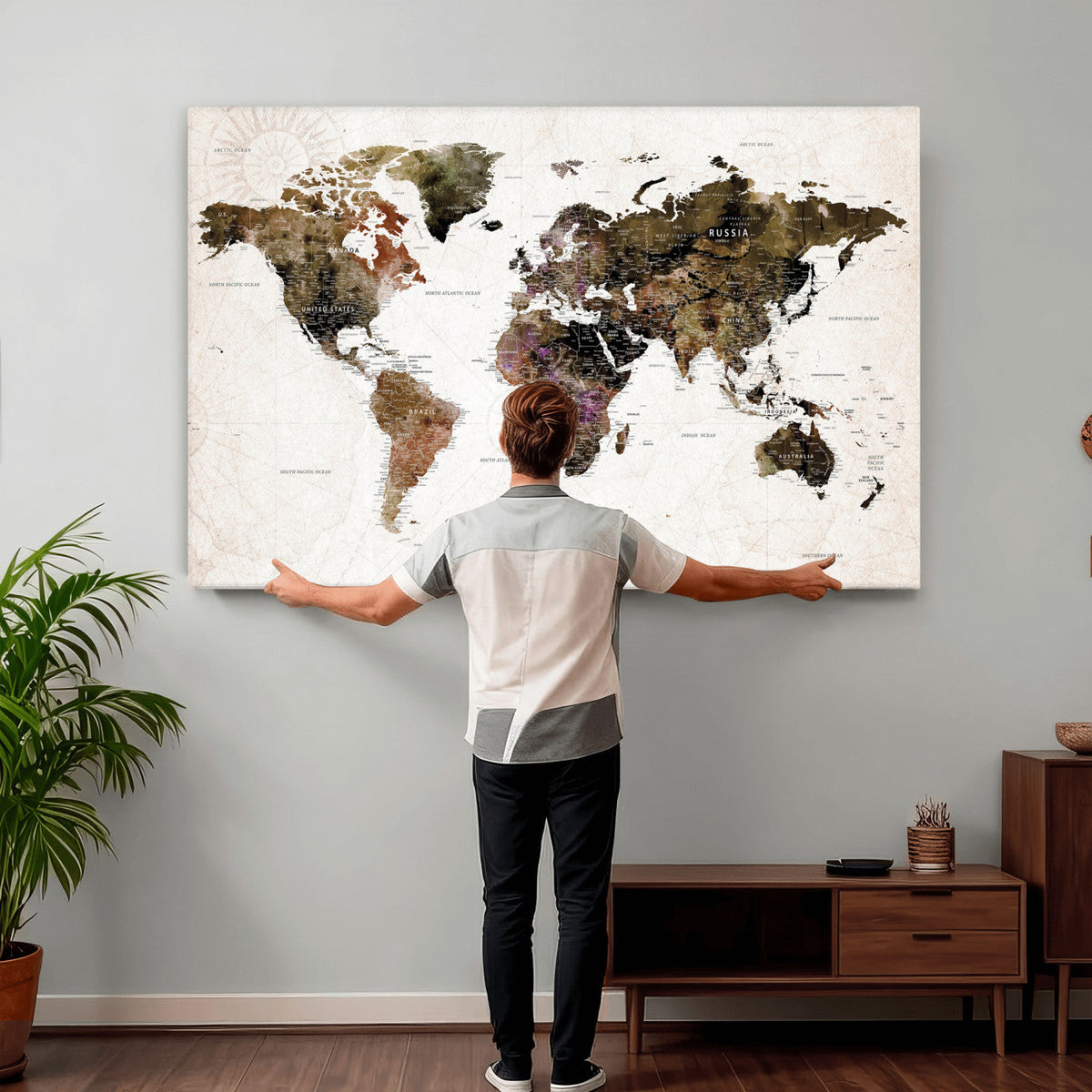 Watercolor World Map Print - Large Wall Art Canvas Print for