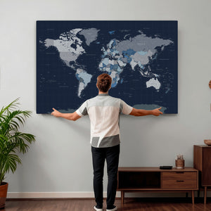 Blue Detailed World Map Wall Art Canvas Print, Modern Framed