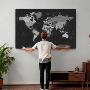 Black World Map Wall Art Canvas Print – Detailed Map of the