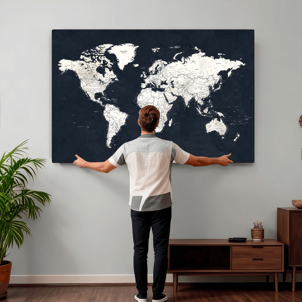 Black World Map Wall Art Canvas Print for Home Office and