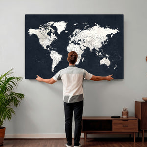 Black World Map Wall Art Canvas Print for Home Office and