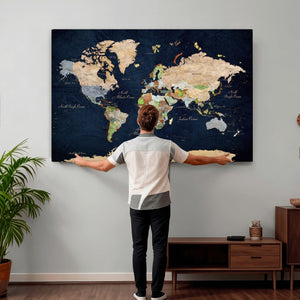 Minimalist World Map Canvas Wall Art - Watercolor Blue and
