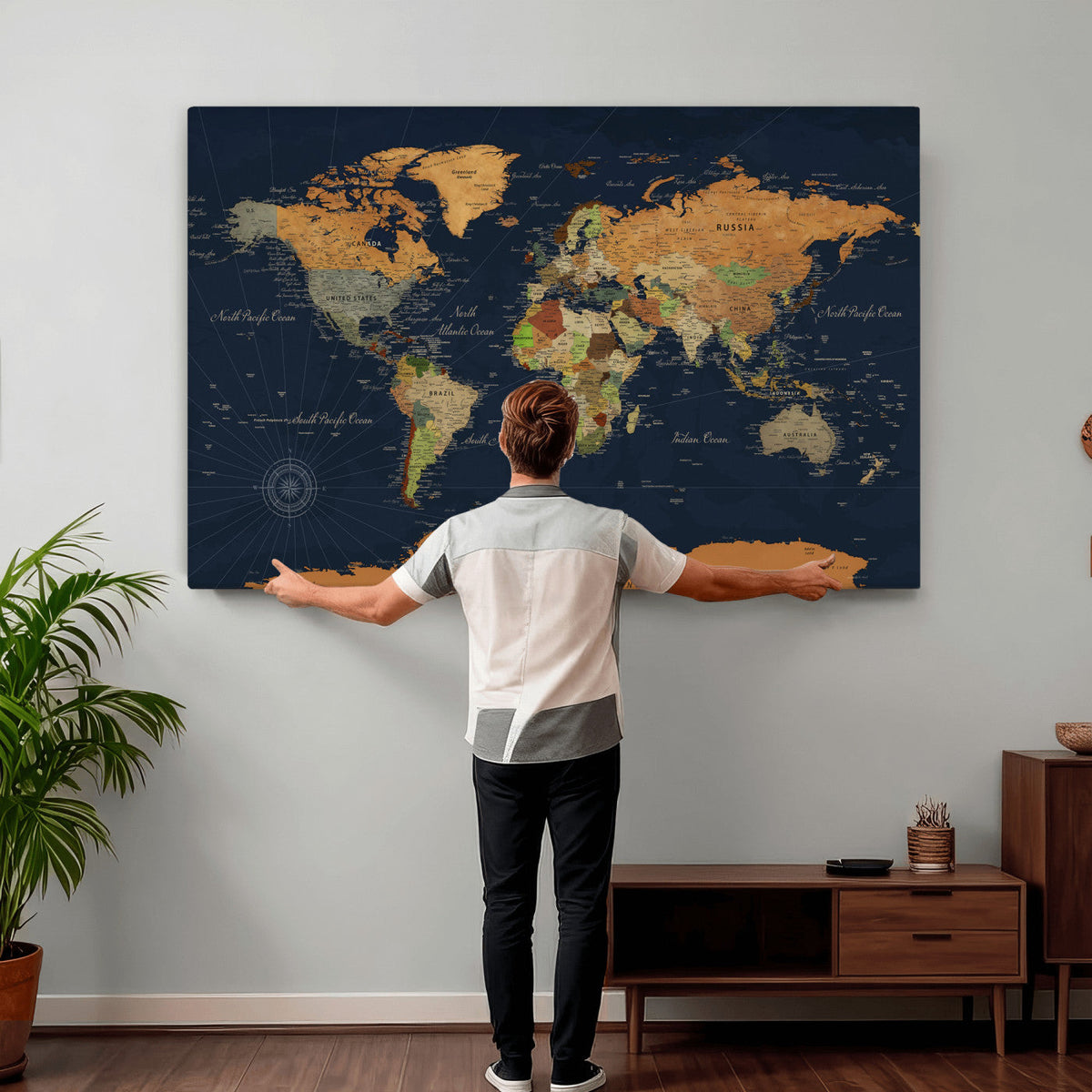 Modern World Map Canvas Print – Framed Detailed Map of the