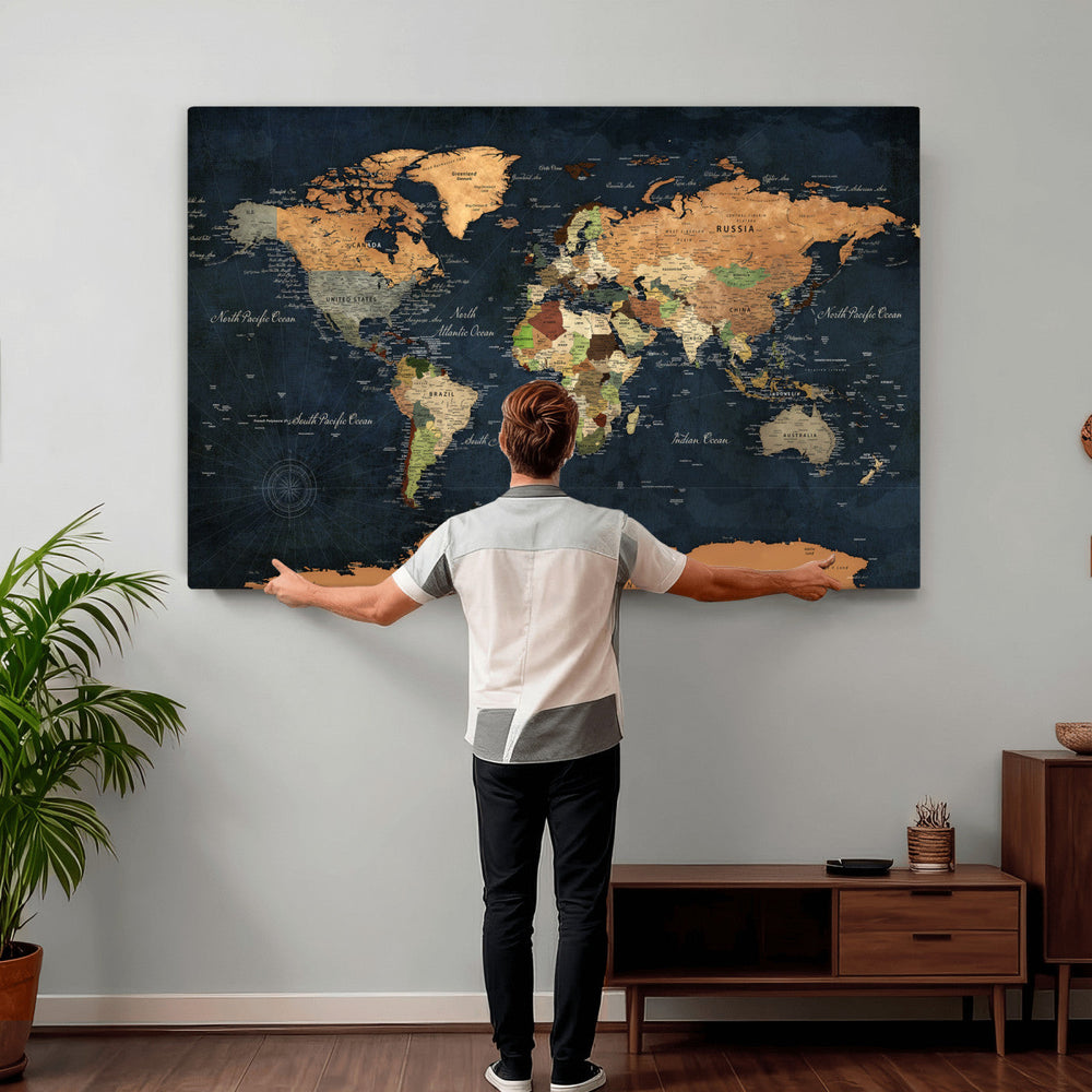 Vintage World Map Canvas Wall Art – Detailed Map with