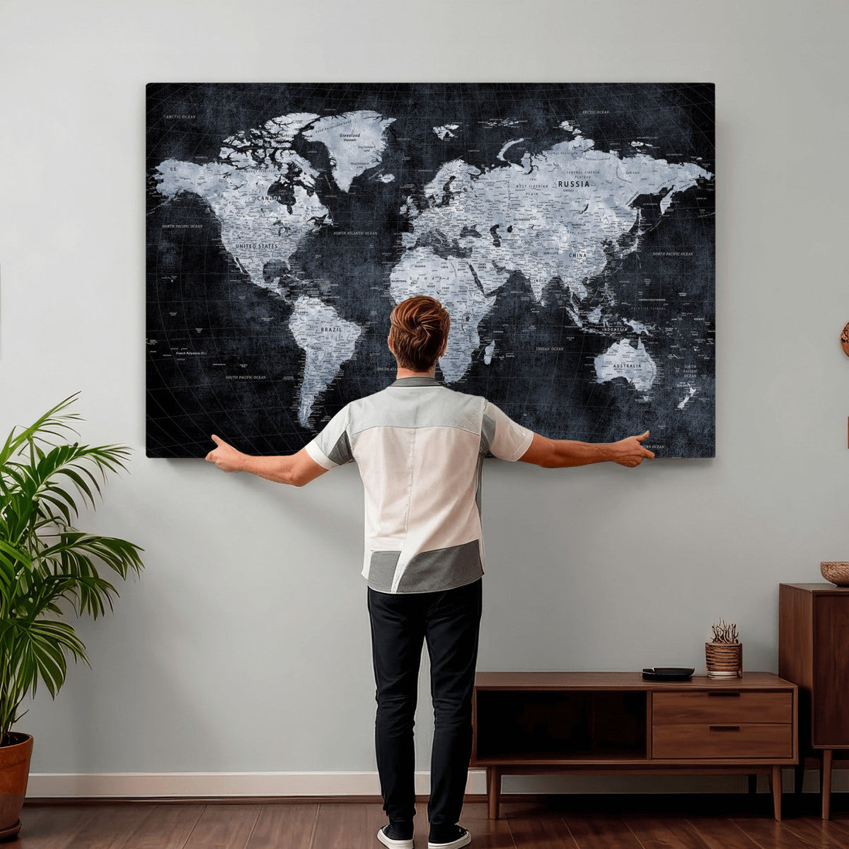 Black World Map Canvas Print – Detailed Map for Couples and