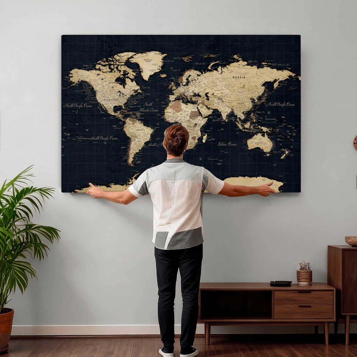 Dark World Map Canvas Wall Art Print, Minimal Black and Gold