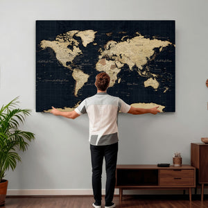 Dark World Map Canvas Wall Art Print, Minimal Black and Gold