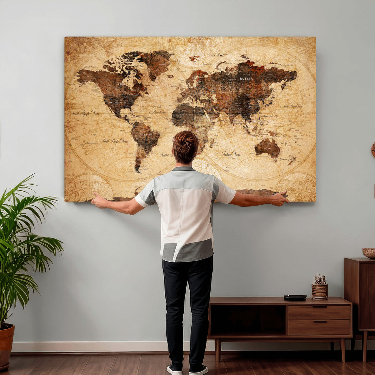 Modern Red and Gray World Map Canvas Print – Framed Wall Art