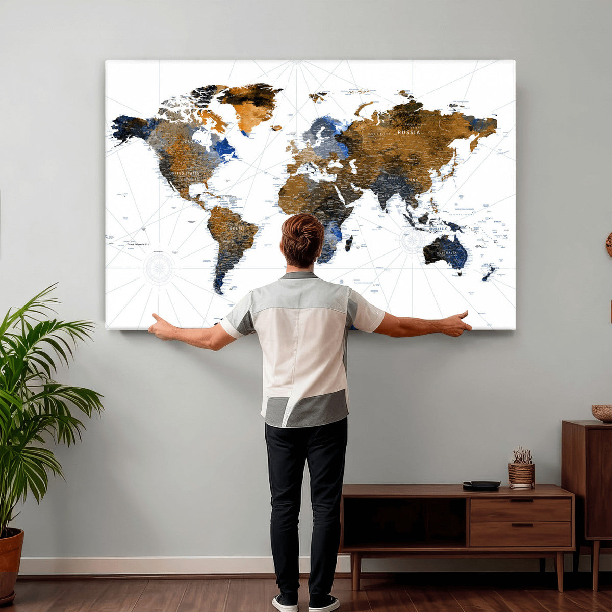 World Map Wall Art Canvas Print, Modern Decorative Framed