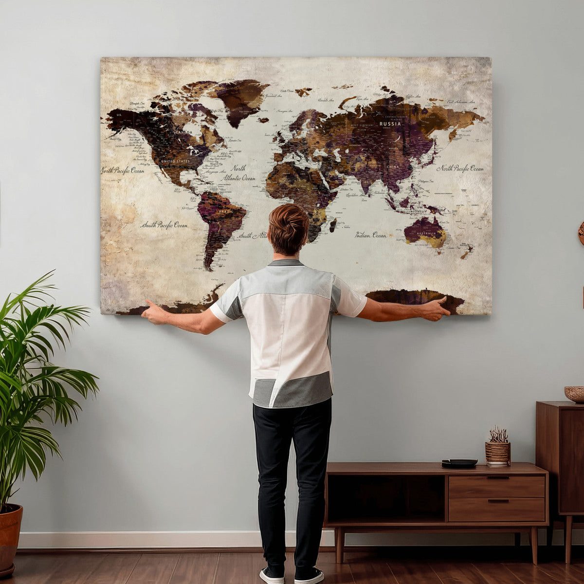 World Map Canvas Triptych – Colorful Global Wall Art for