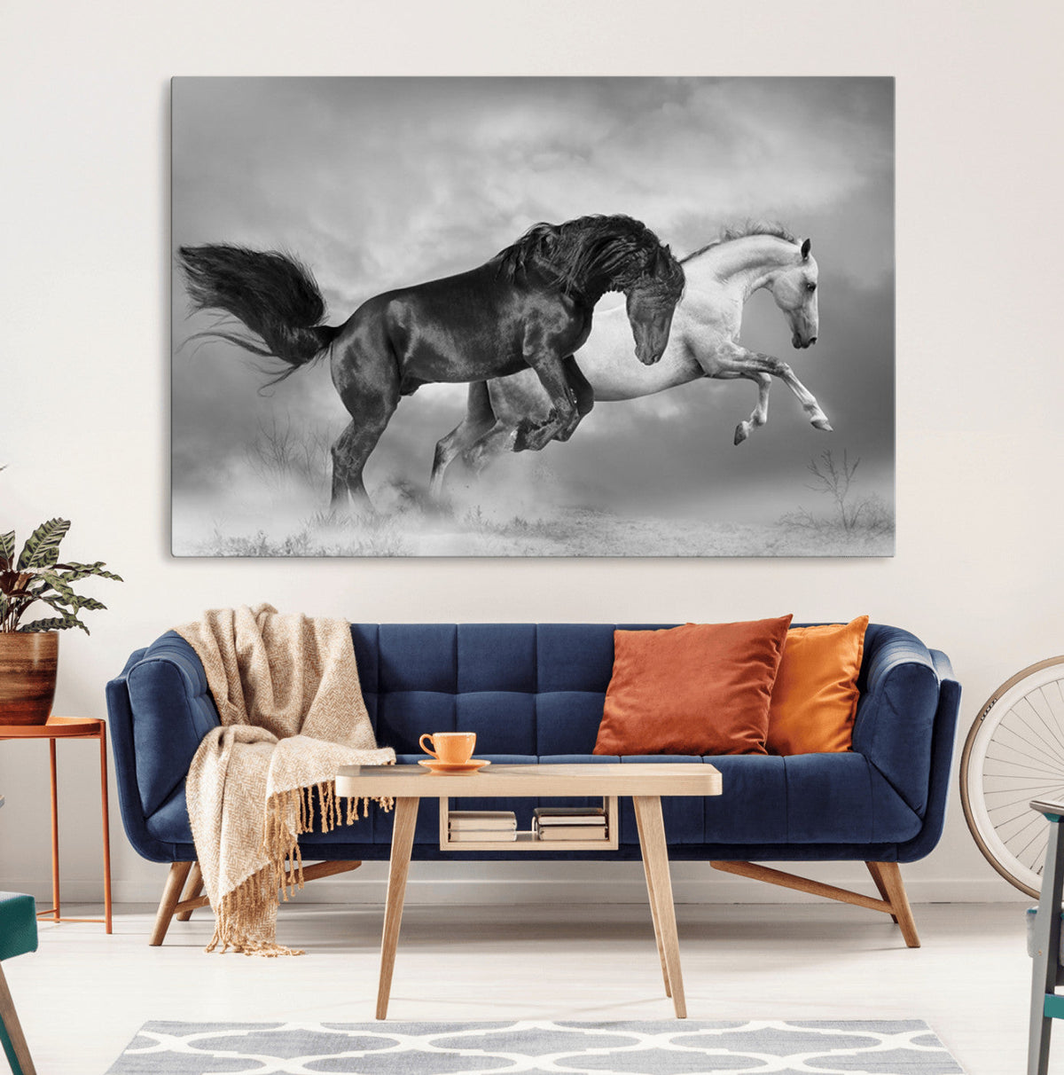Wild Horses Wall Art Canvas Print – Framed Black and White