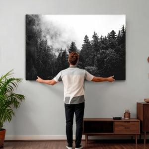 Black White Forest Wall Art Canvas Print, Misty Pine Tree