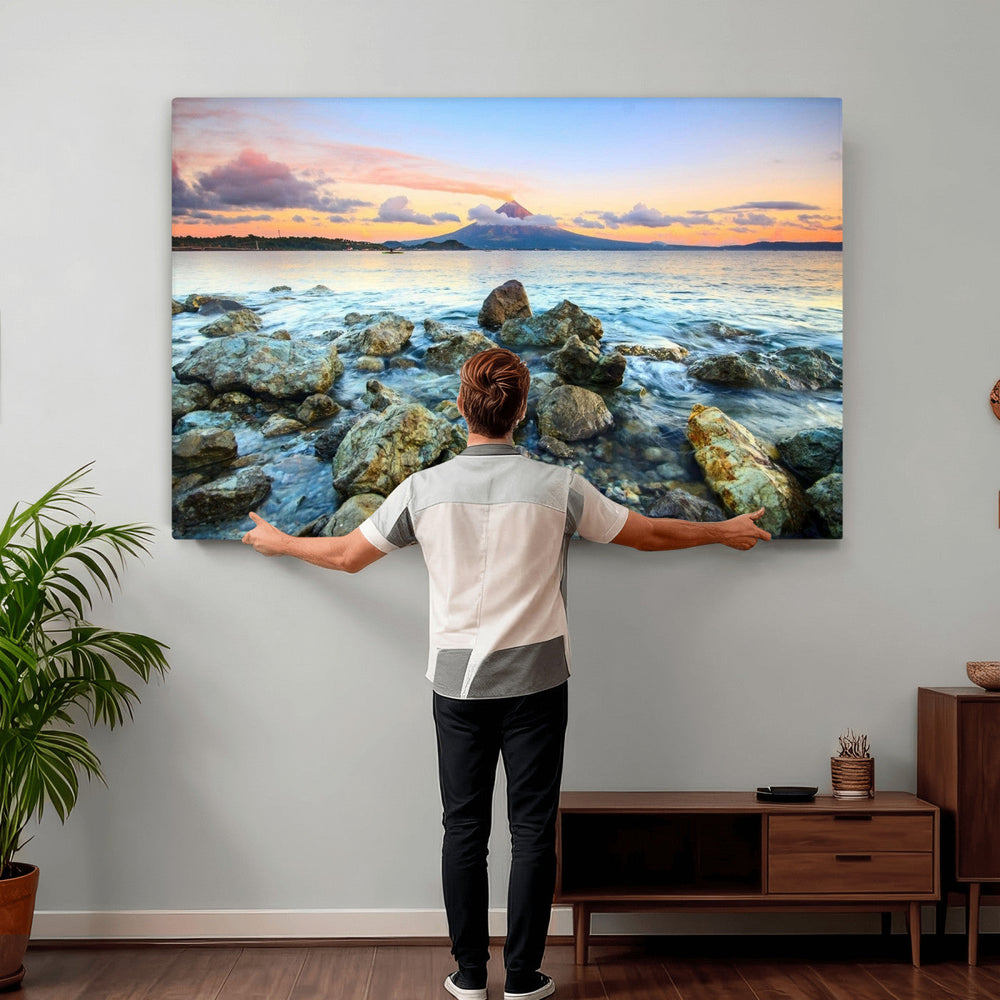 Mayon Volcano Seascape Wall Art Canvas Print, Tropical Ocean
