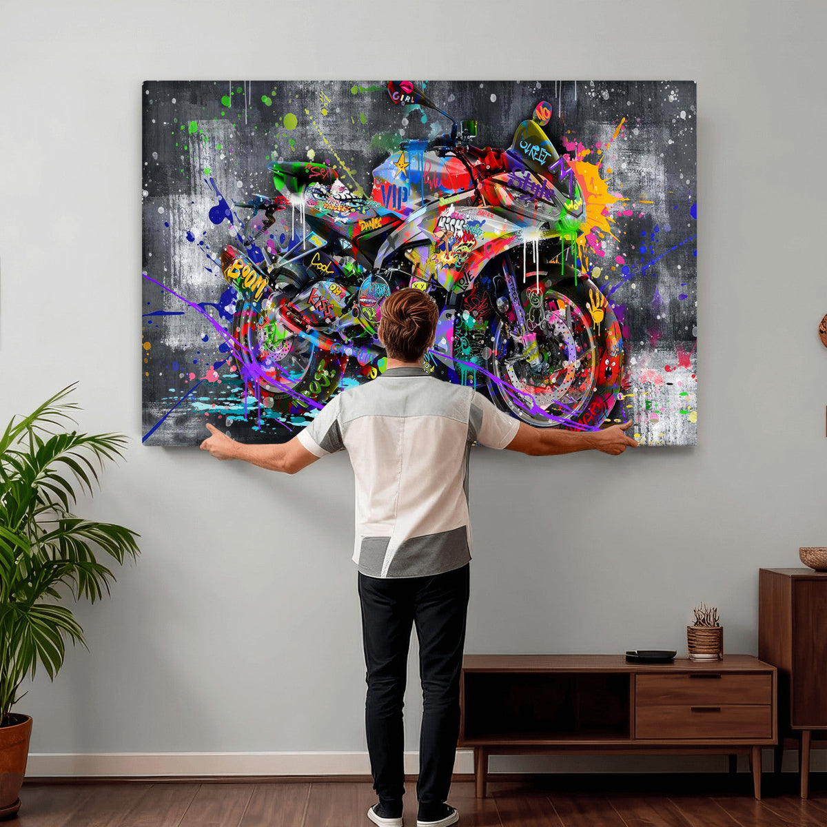 Graffiti Motorcycle Wall Art Canvas Print, Urban Street Art