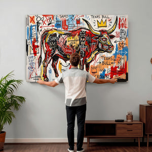 Texas Bull Wall Art Canvas Print, Abstract Graffiti Bull