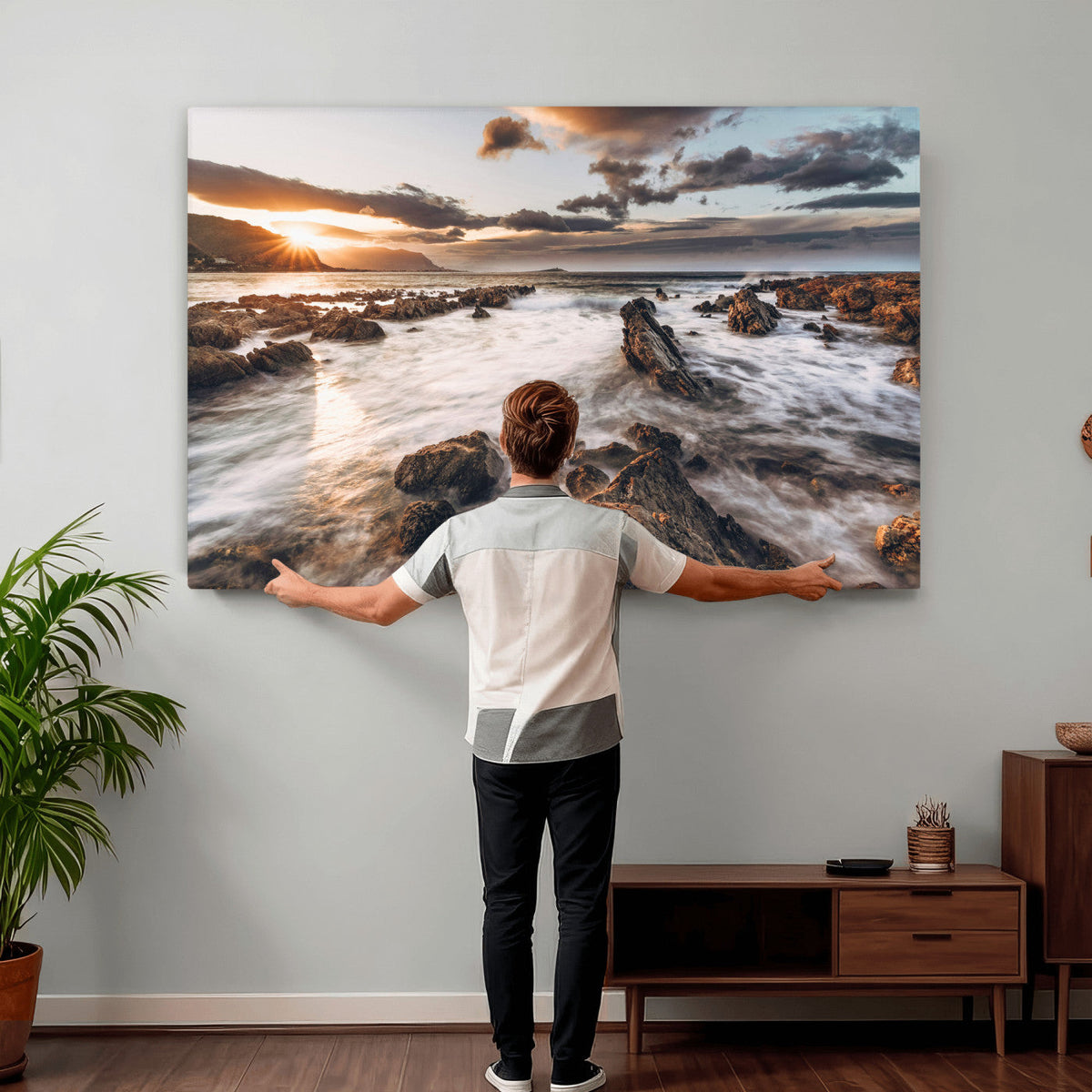 Rocky Coast Ocean Sunset Wall Art Canvas Print, Dramatic