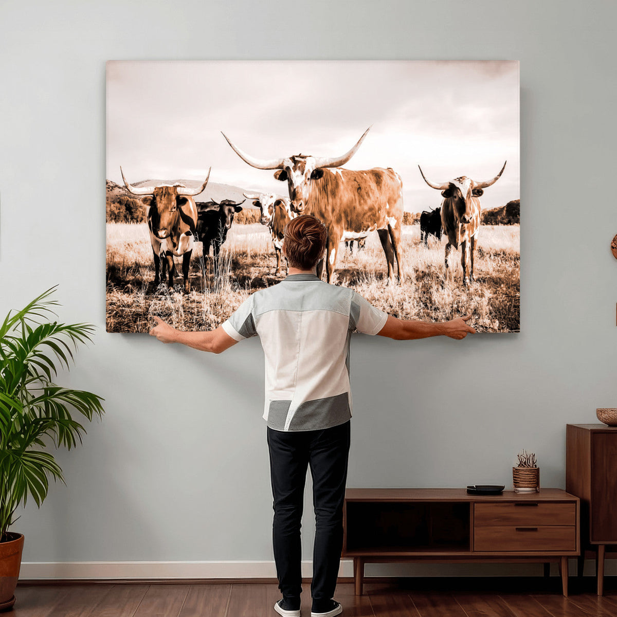 Texas Longhorn Cattle Wall Art Canvas Print, Sepia Western