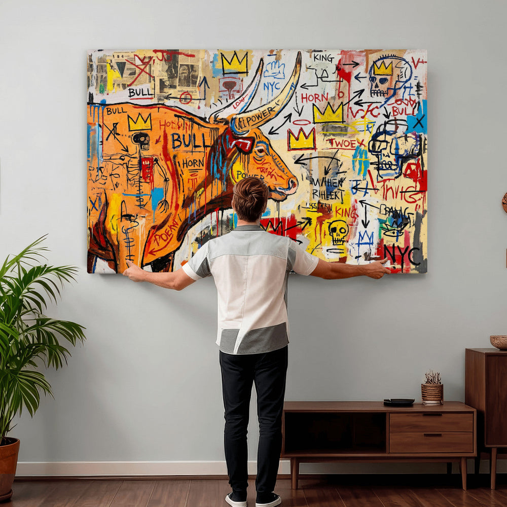 Basquiat Style Bull Graffiti Wall Art Canvas Print, Street