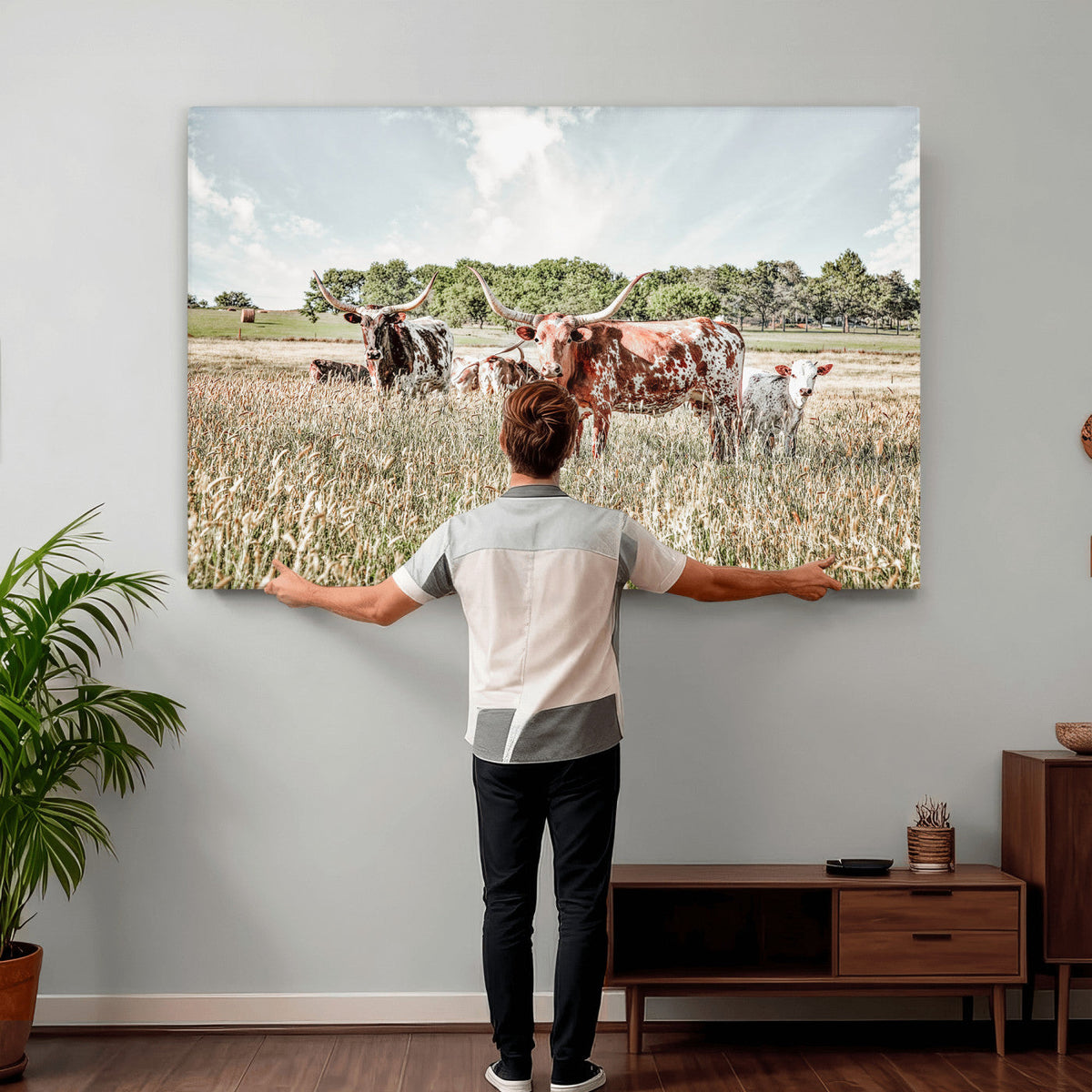 Texas Longhorn Cattle Wall Art Canvas Print, Rustic Ranch