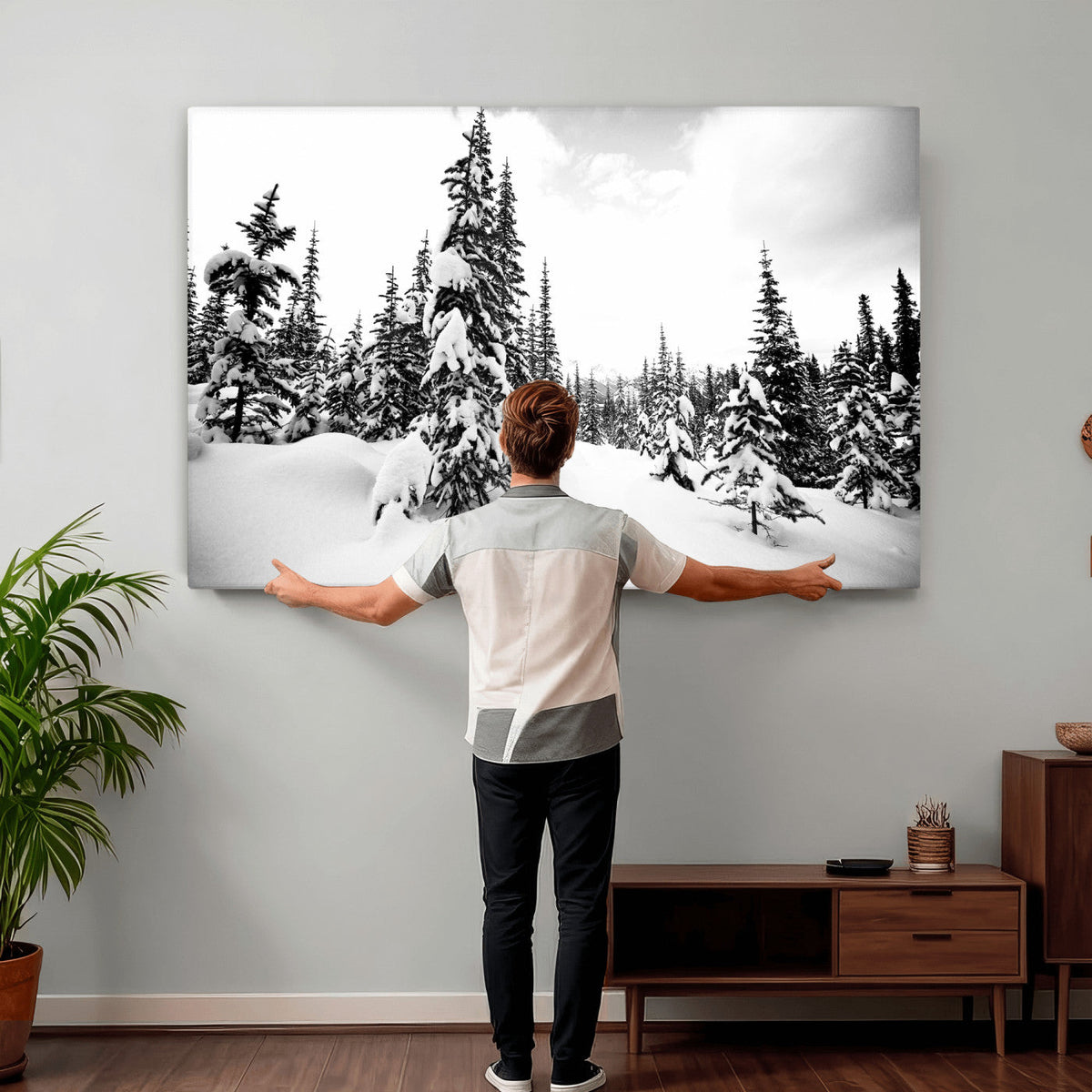 Black and White Snowy Pine Forest Wall Art Canvas Print,