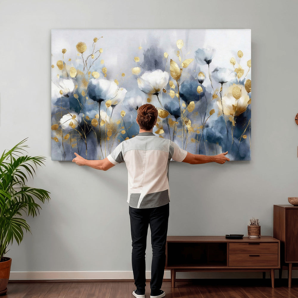 Large Abstract Flowers Wall Art Canvas Print – Gold and Blue