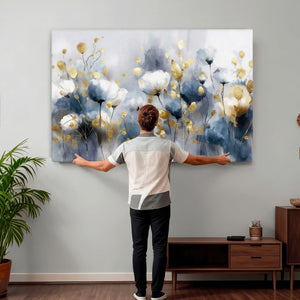 Large Abstract Flowers Wall Art Canvas Print – Gold and Blue