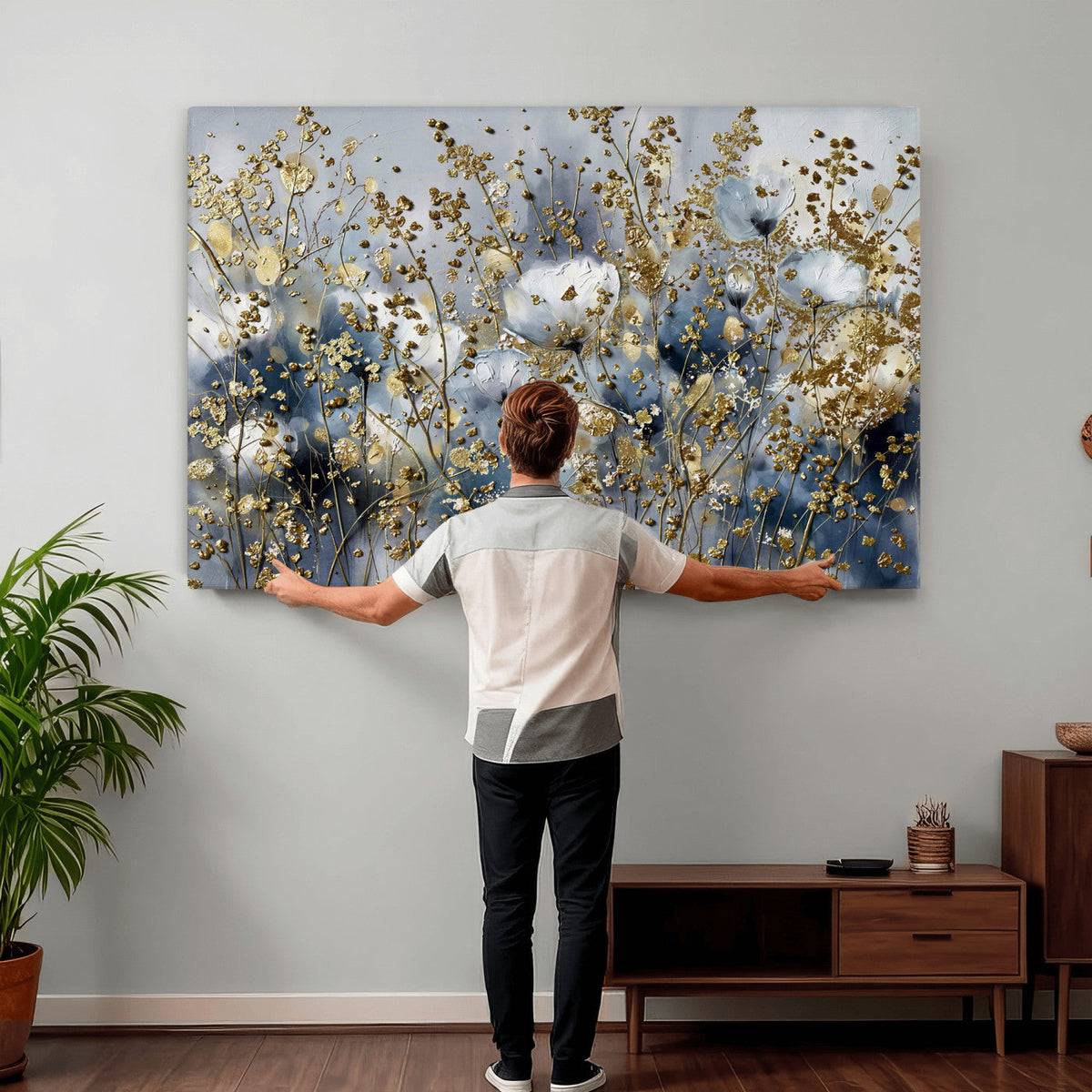 Abstract Floral Wall Art Canvas Print – Gold and Blue