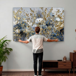 Abstract Floral Wall Art Canvas Print – Gold and Blue