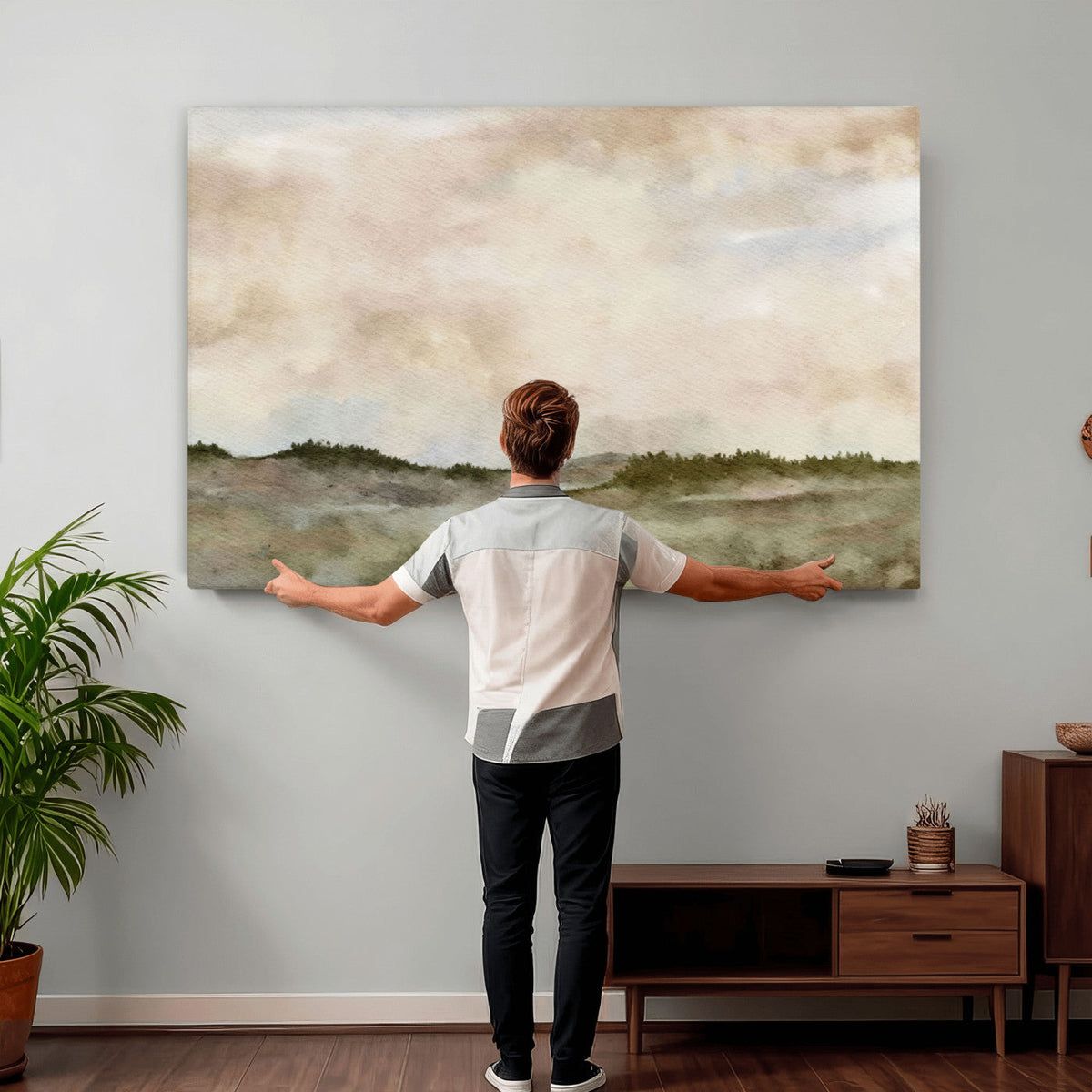 Muted Watercolor Hill Landscape Print — Beige Taupe Cloudy