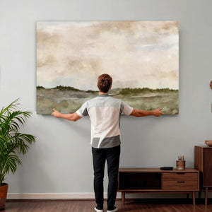 Muted Watercolor Hill Landscape Print — Beige Taupe Cloudy