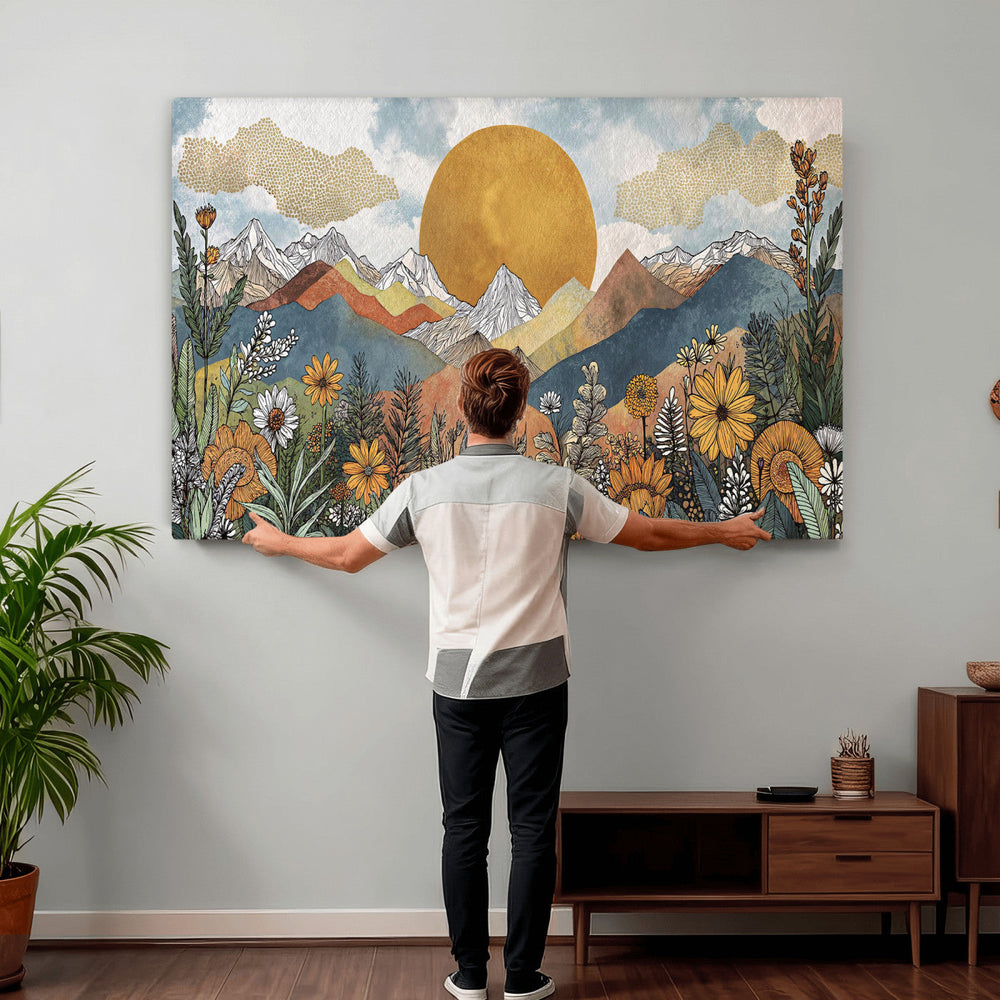 Boho Mountain Landscape Large Wall Art, Horizontal Gold