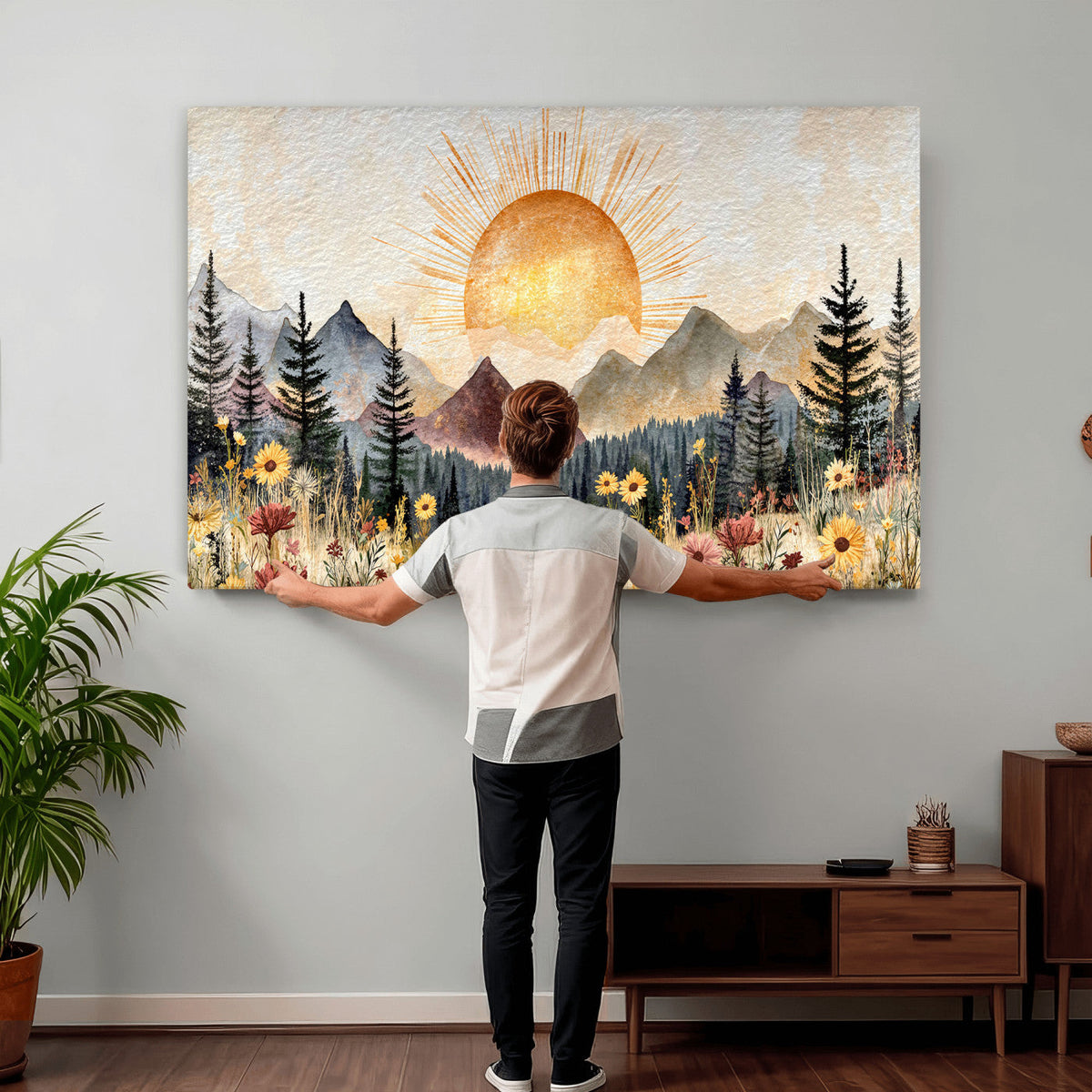 Boho Mountain Landscape Large Wall Art, Horizontal Gold
