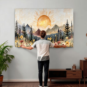 Boho Mountain Landscape Large Wall Art, Horizontal Gold