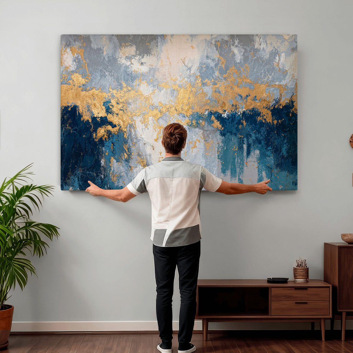 Blue Gold Abstract Large Framed Canvas Wall Art, Modern