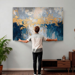 Blue Gold Abstract Large Framed Canvas Wall Art, Modern