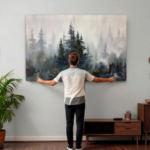 Misty Pine Forest Oil Painting Canvas — Dark Moody Teal Grey