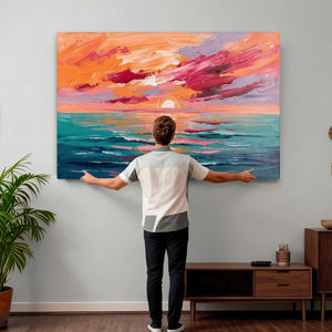 Bold Palette Knife Ocean Sunset Canvas — Orange Pink Teal