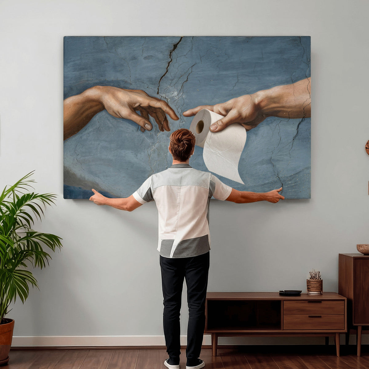 Funny Bathroom Canvas Wall Art, Michelangelo Creation of
