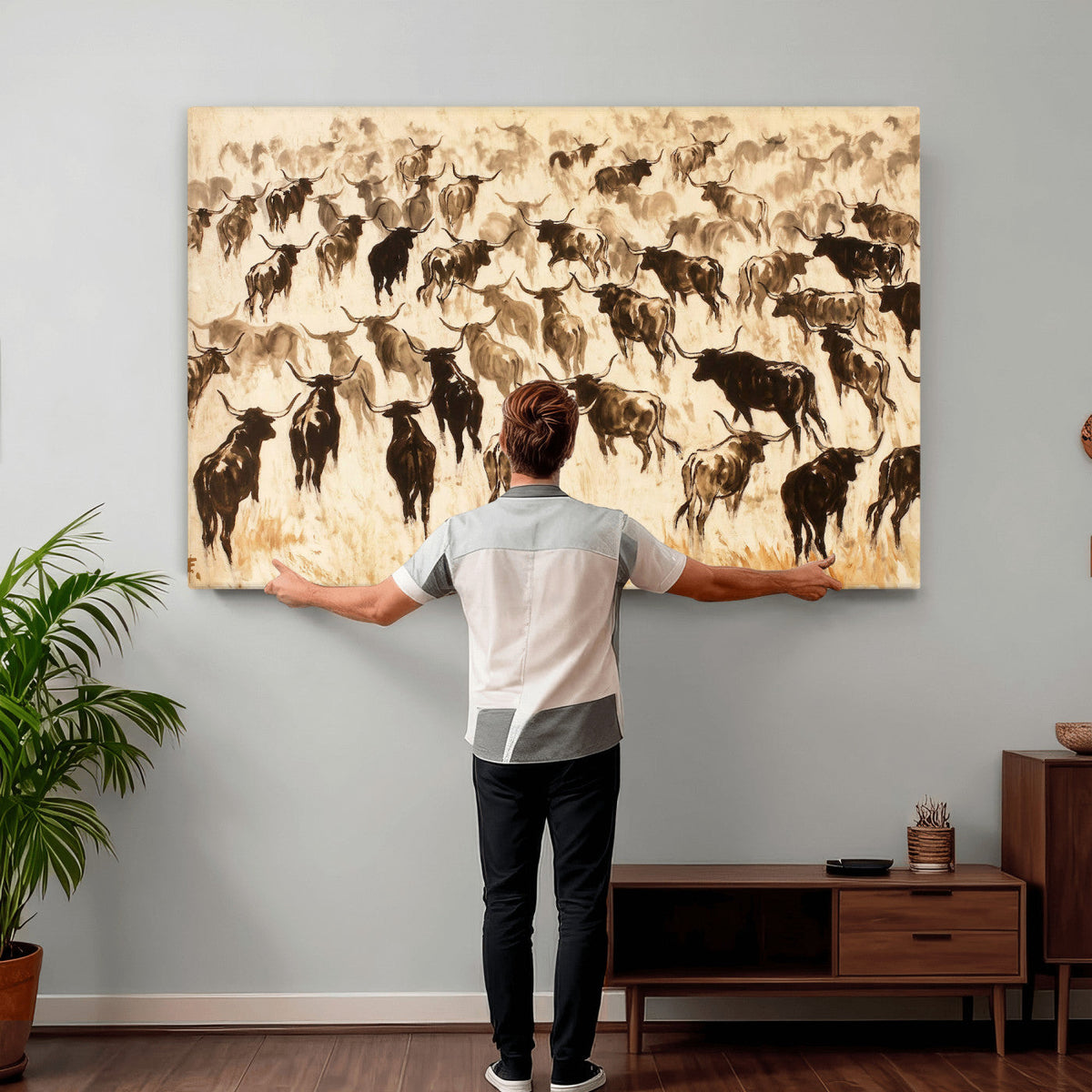 Texas Longhorn Sepia Canvas Wall Art, Western Cattle