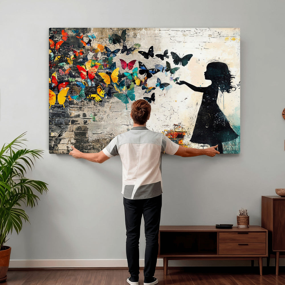 Banksy Butterfly Girl Wall Art Canvas Print, Framed Street