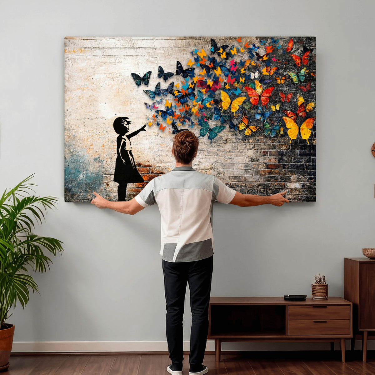 Banksy Graffiti Butterfly Girl Wall Art Canvas Print, Framed