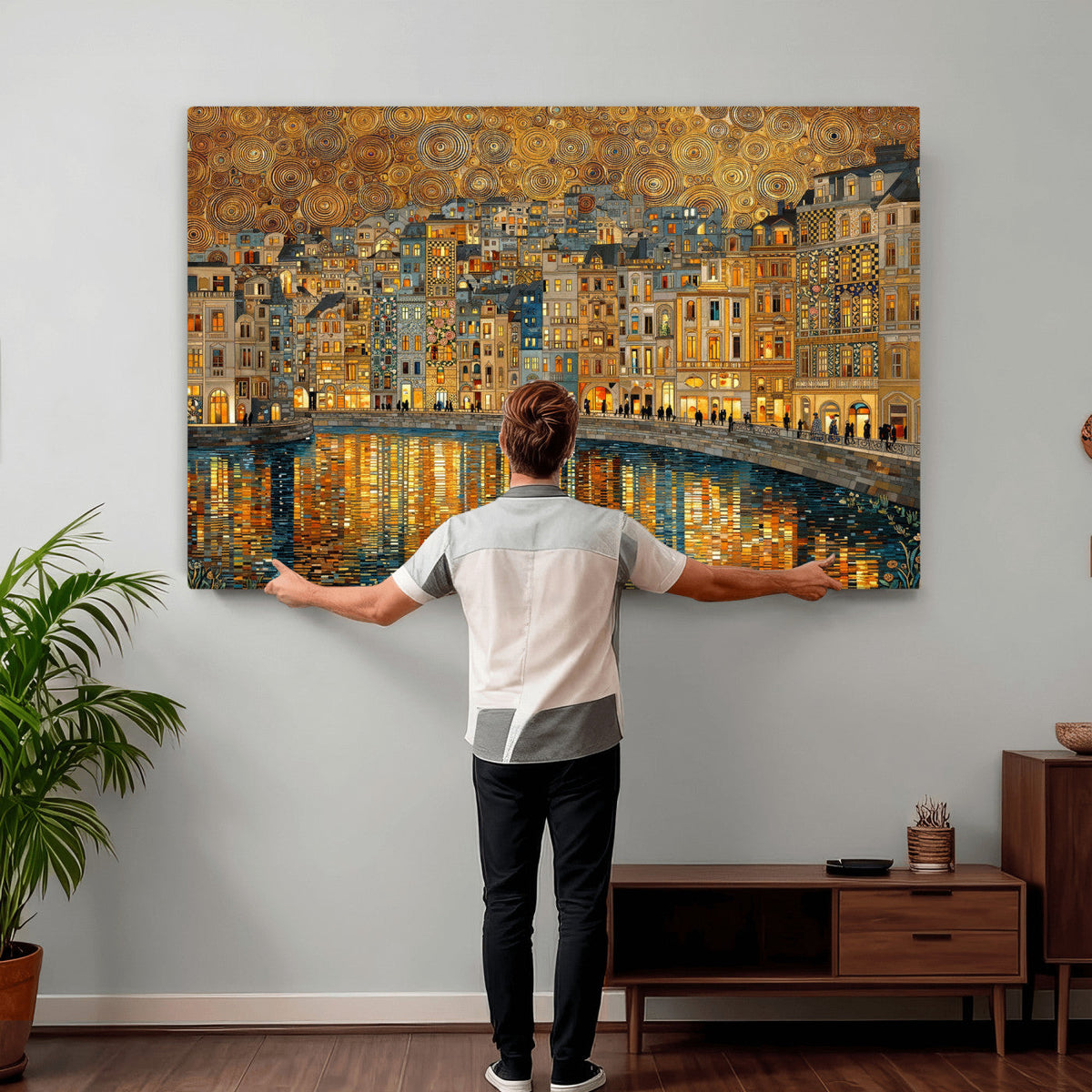 Gustav Klimt Golden Cityscape Wall Art Canvas Print, Framed